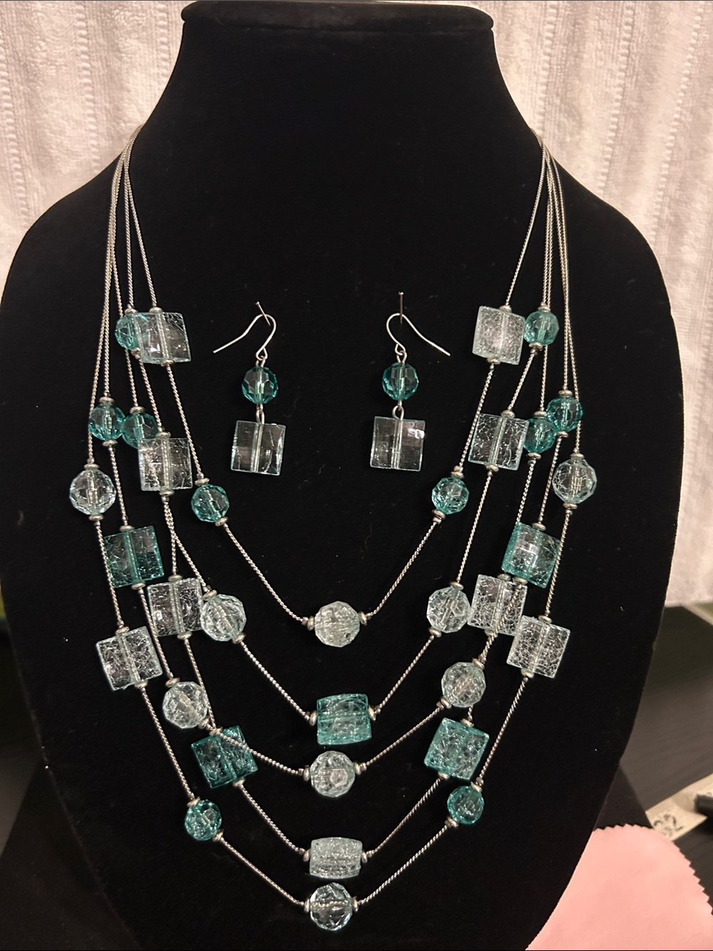 Multi-Strand Teal and Clear Glass Bead Necklace with Matching Earrings